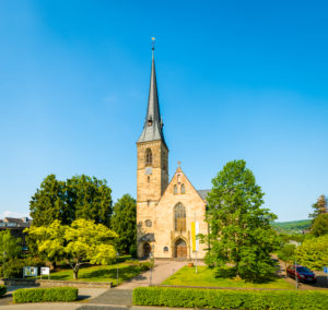 Rhens - St. Theresia, Middle Rhine, neo-Gothic Catholic hall church, panorama, from several photos, Unesco World Heritage Upper Middle Rhine Valley Rhens - St. Theresia, Middle Rhine, neo-Gothic Catholic hall church, panorama, from several photos, Unesco World Heritage Upper Middle Rhine Valley